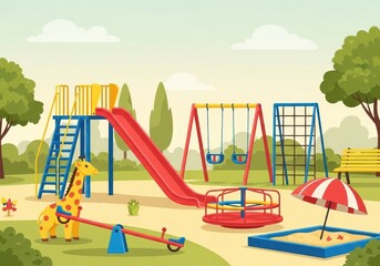 Fototapeta premium Flat illustration of a vibrant playground scene with various equipment including a slide, swings, seesaw, and a giraffe toy
