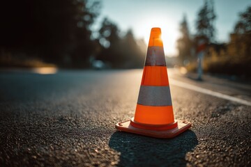 Orange traffic cone on asphalt road at sunset