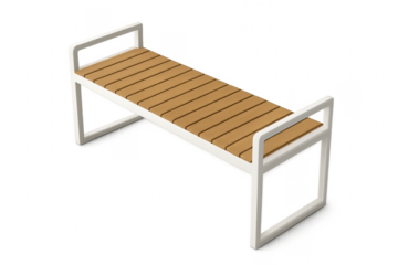 Modern wooden bench with white metal frame isolated on transparent background