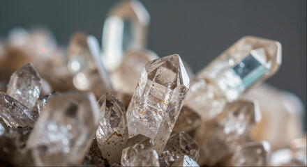 Crystals of quartz with pointed tips shining under soft lighting showcasing their clarity and structure
