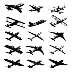 Collection of twelve black silhouette airplanes in various styles and eras aircraft aviation