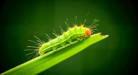 Green caterpillar resting on a green leaf with fine hairs and orange segments in nature