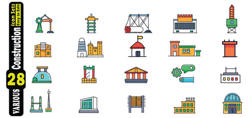 Flat Color Construction Buildings and Equipment Icons Set vector