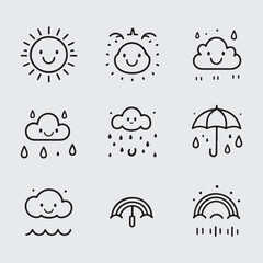 Cute Weather Icons: Hand Drawn Style with Smiling Faces