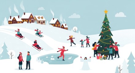 Flat illustration of a lively winter village scene with people enjoying christmas activities like ice skating and sledding around a decorated tree