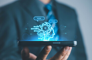 Businessman using technology connecting to the internet around the world, chatting, chatting with AI, artificial intelligence, using command prompt to create something, future technology	
