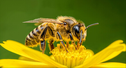 Close-up of a honeybee collecting pollen from a vibrant yellow flower in a natural setting