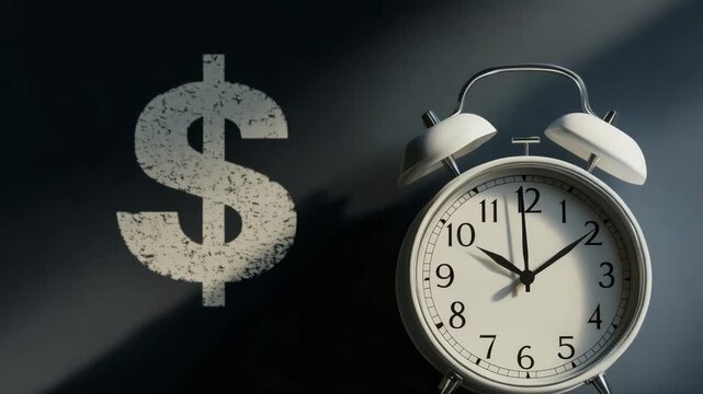 A vintage alarm clock stands against a dark background, casting a long shadow next to a textured dollar symbol. This composition captures concepts of time and money in an imaginative way. - Powered by Adobe
