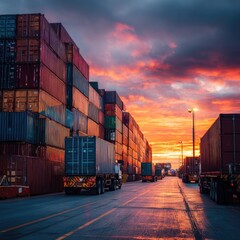Fototapeta premium Container ship terminal at sunset