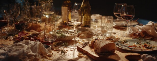 Messy, post-dinner table with scattered food, drinks, and linens