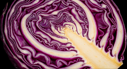 Red cabbage cross-section showcasing detailed patterns and textures from a top angle under even lighting