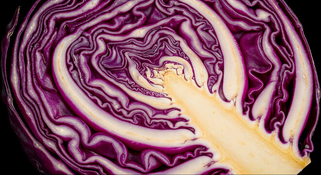 Red cabbage cross-section showcasing detailed patterns and textures from a top angle under even lighting - Powered by Adobe