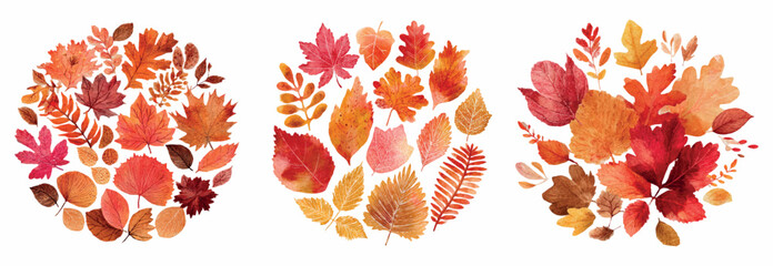 Set of watercolor frames with autumn leaves. Watercolor set of round flames with colorful autumn leaves. Elements for autumn designs, Back to School, Thanksgiving, etc.