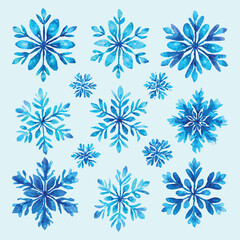 Watercolor set of blue ice snowflakes. Cute collection of snowflakes on isolated background. Natural winter elements. Clipart for Christmas, New Year and winter designs. Vector illustration.