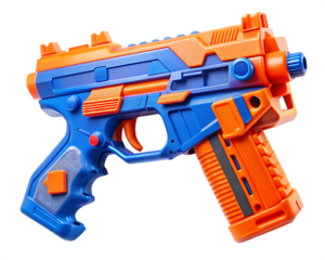 Futuristic orange and blue toy gun on white background PNG.AI Generated.