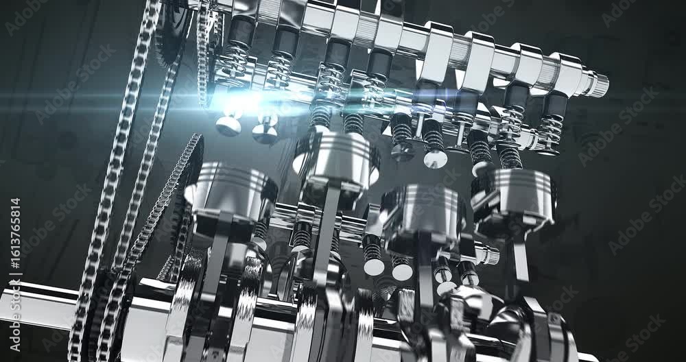Poster shiny v8 engine animation. full view of moving mechanical parts. high quality 3d animation.
