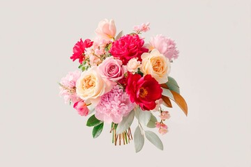 A beautiful bouquet of peonies and roses in shades of pink, red and cream, with leaves hanging down on a light background. Delicate floral greeting card
