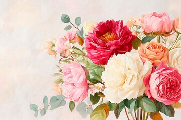 A beautiful bouquet of peonies and roses in shades of pink, red and cream, with leaves hanging down on a light background. Delicate floral greeting card