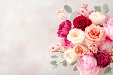 A beautiful bouquet of peonies and roses in shades of pink, red and cream, with leaves hanging down on a light background. Delicate floral greeting card