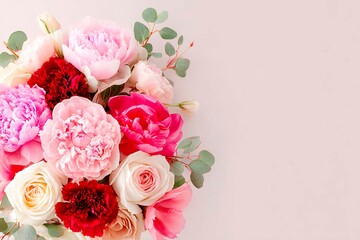 A beautiful bouquet of peonies and roses in shades of pink, red and cream, with leaves hanging down on a light background. Delicate floral greeting card