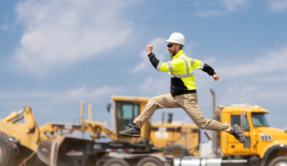 Worker jumping at heavy machines. Man engineer running to success. Builder man run fast to work. Engineer supervisor running outdoor. Supervisor jumping. Excited construction builder, banner
