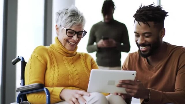 Smiling Woman in Wheelchair Shares Tablet Joy with Young Man, Diverse Team