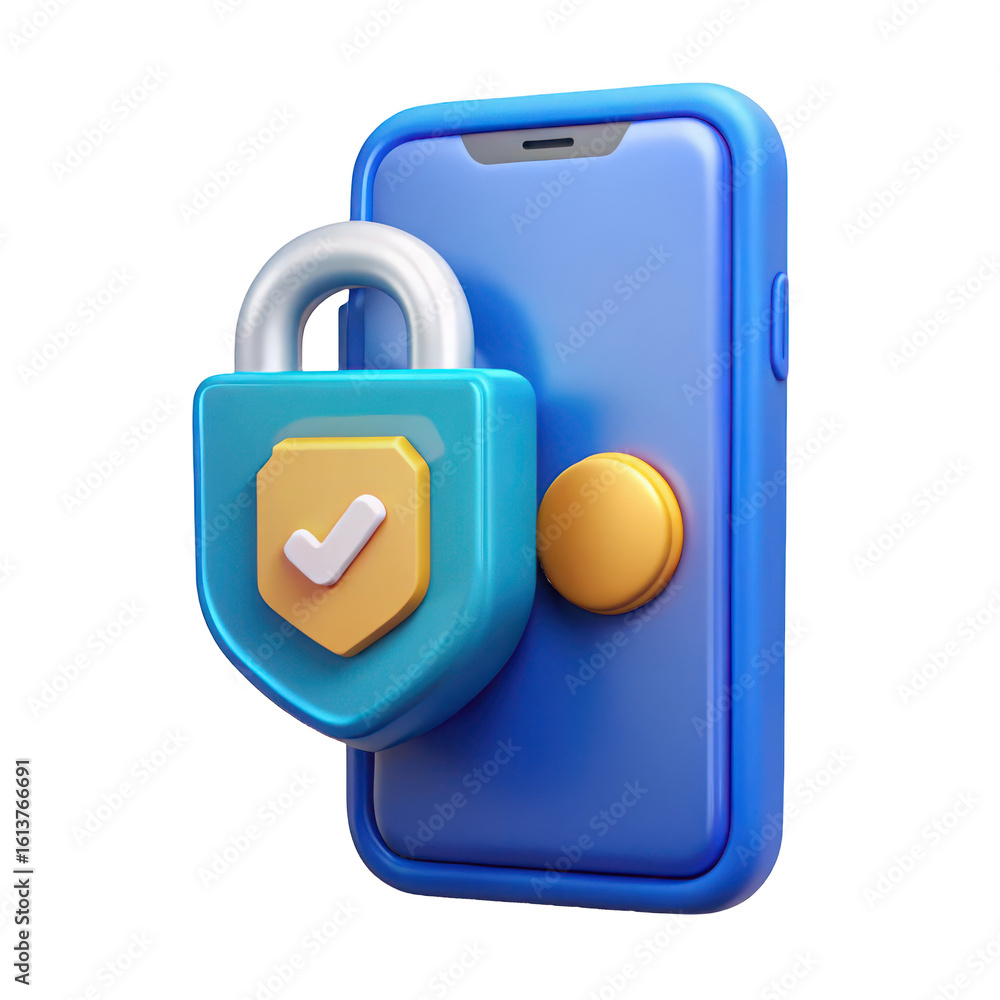 Poster blue smartphone with security lock and checkmark isolated on a transparent background mobile