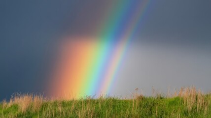 Naklejka premium Vibrant Rainbow Arching Over Grassy Horizon colors