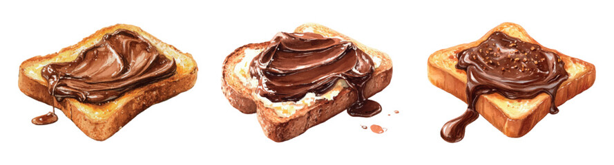 Watercolor set of toasts with chocolate spread png. Pieces of white toast bread spread with chocolate spread. Breakfast concept. Vector illustration.