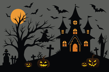 Halloween night haunted house scene with witch and graveyard