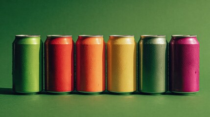 Six Vibrant Beverage Cans Lined Up on Green Background