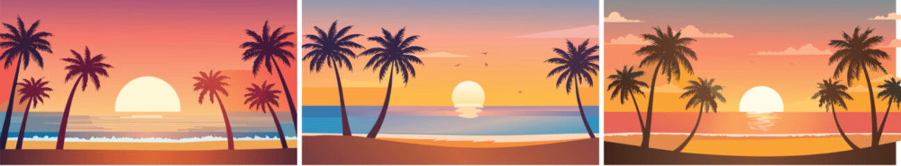 Beach Sunset A classic view of palm trees silhouetted against a vibrant sunset over a tropical beach, with a warm and inviting light.