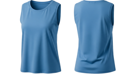 Two views of a light blue sleeveless athletic shirt isolated on transparent background
