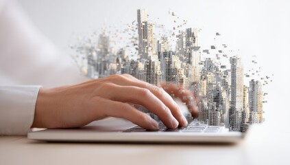 A person's hands type on a laptop, with a 3D cityscape superimposed