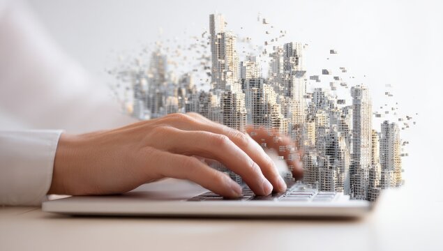 A person's hands type on a laptop, with a 3D cityscape superimposed