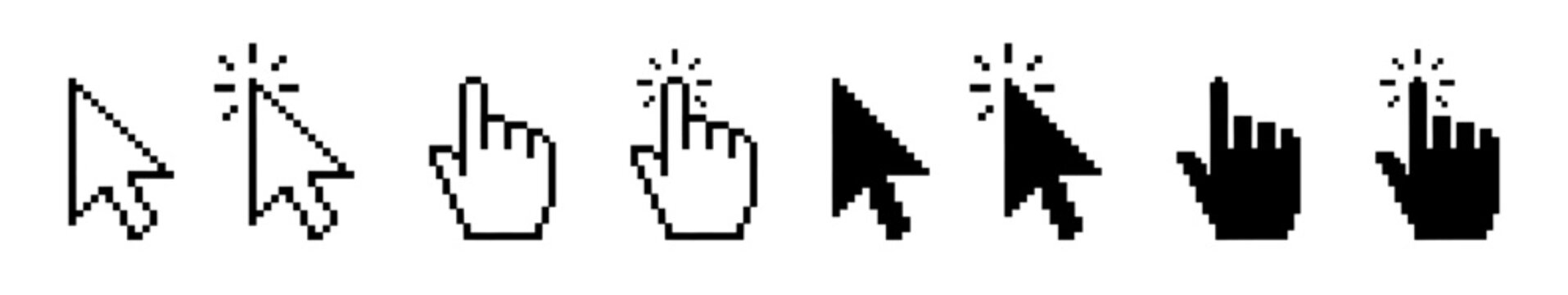Pixel cursor set. Mouse click, arrow cursor pointer collection.