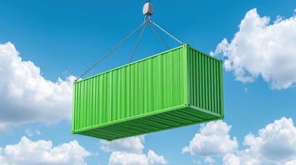 A shipping container being lifted by a crane hook against a bright blue sky with some scattered white clouds.