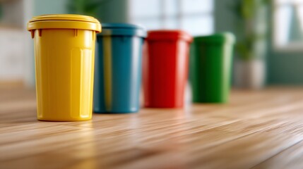 color-coded mini recycling bins on kitchen table, close-up scene of eco lifestyle at home, waste sorting, compact bins for daily recycling, conscious living, space for text
