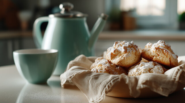 Fresh baking bunches with sugar lie on a table, next to the kettle and mug