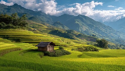 Picturesque terraced rice paddies, a rustic wooden hut nestled amongst the lush greenery of a mountain valley