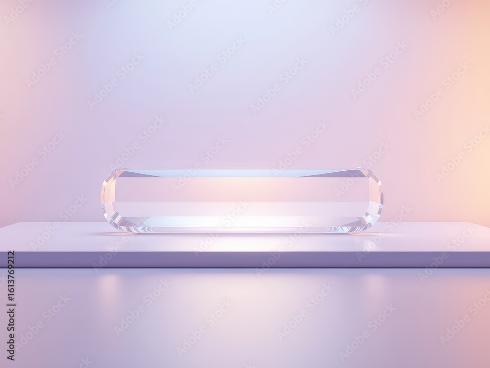 Poster a crystal clear rectangular object rests on a pristine minimalist display platform, bathed in a soft