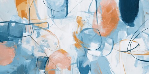 Abstract art with soft color palettes of muted blue, peach, and beige