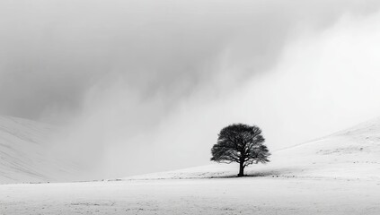 Solitary tree in a snow-covered landscape under a dramatic sky
