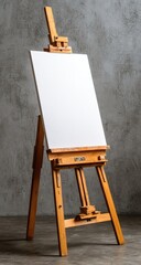 Wooden easel with blank canvas against a textured wall (1)