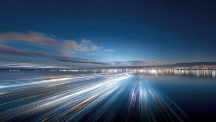 City lights streak across a calm body of water at twilight