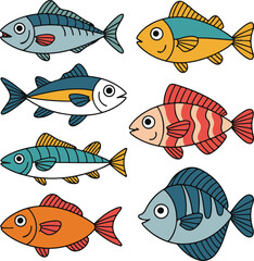 Fototapeta premium Crayon Fish Stickers – Colorful Kid-Drawn Sardines & Tuna Doodle Set