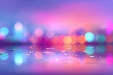 Abstract vibrant city lights reflected on wet pavement. Soft focus, bokeh, and a mix of purple, pink, and orange