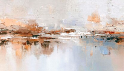 Abstract landscape painting with muted colors.  Horizontal format.  Textural strokes of light beige, peach, brown, and gray.  Impressionistic reflections