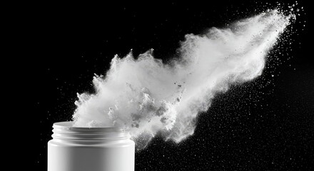 Explosion of white powder erupting from a container against a stark black background capturing dynamic motion