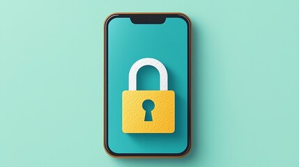 Flat Lay of Smartphone with Security Lock Symbol for App Privacy and Cyber Awareness, Padlock Graphic on Screen Highlighting Secure Mobile Access, The modern design emphasizes protection.